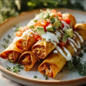 Golden brown chicken taquitos served with salsa and guacamole on a plate