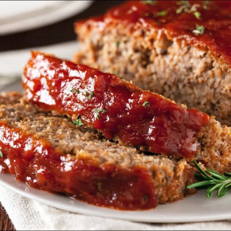 Slice of easy meatloaf on a plate with vegetables