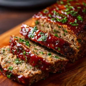 Easy meatloaf recipe served with mashed potatoes and green beans