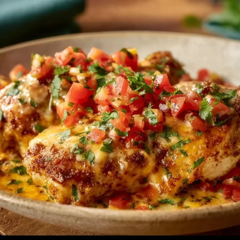 Delicious baked queso chicken topped with melted cheese and spices, ready to serve.