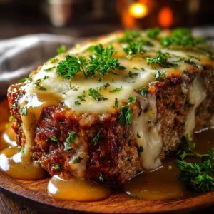 A hearty slice of French onion meatloaf topped with melted cheese and caramelized onions.