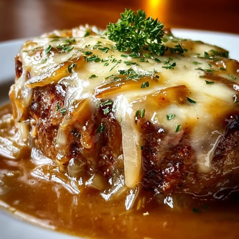 Deliciously baked French Onion Meatloaf topped with melted cheese and caramelized onions.