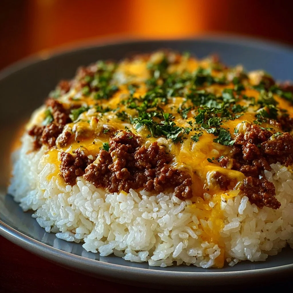 Plate of Garlic Butter Beef served with rice garnished with herbs