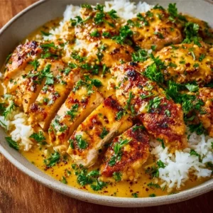 Delicious Garlic Butter Chicken served with herbs and vegetables