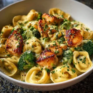 Garlic Parmesan Chicken Tortellini dish topped with herbs and cheese