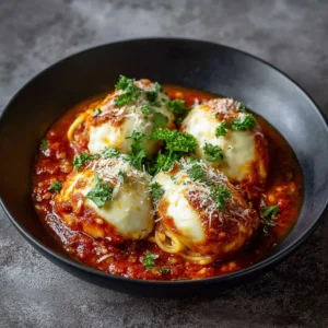 Delicious gluten-free chicken parmesan served with fresh herbs.
