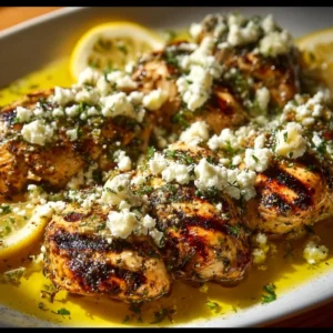 Plate of Greek Chicken with Lemon Feta garnished with herbs and lemon slices
