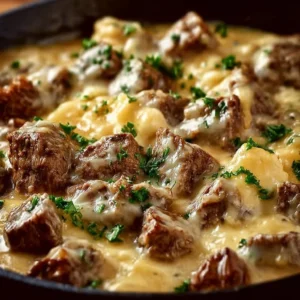 Delicious bowl of steak queso rice topped with melted cheese and fresh herbs.