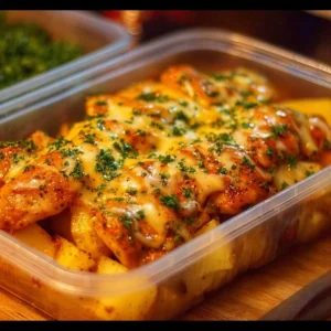 High-protein creamy garlic cheesy chicken and potatoes dish