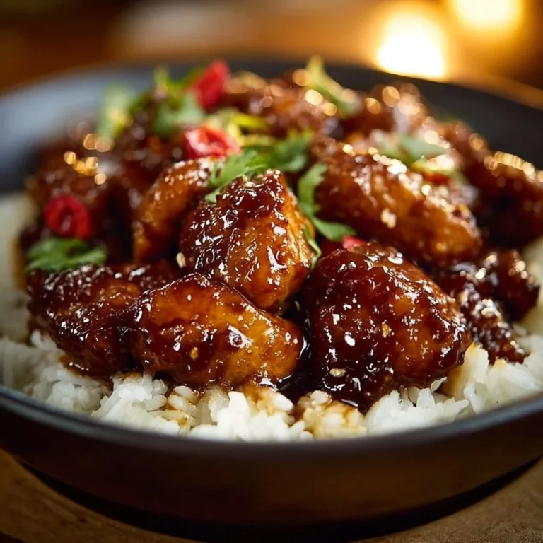 Plate of succulent Honey Garlic Chicken garnished with sesame seeds and green onions