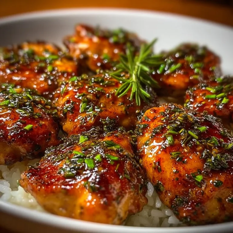 Juicy honey garlic chicken breasts garnished with herbs on a plate.