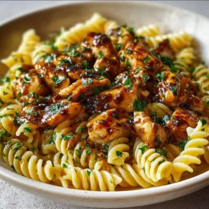 Delicious Honey Pepper Chicken served over pasta with vibrant vegetables