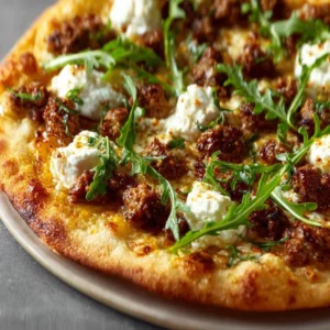 Hot Honey Ricotta Sausage Flatbread with honey drizzle and vibrant toppings.