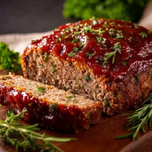 Ina Garten's savory meatloaf served with mashed potatoes and vegetables.
