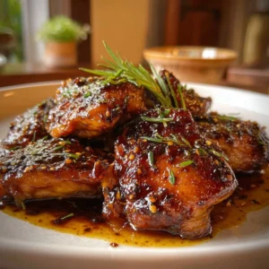 Plate of honey garlic chicken drizzled with sauce and garnished, ready to serve.