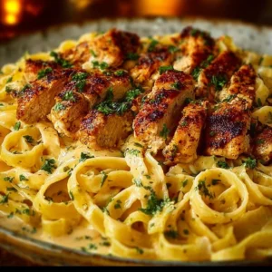 Creamy mozzarella chicken linguine in garlic Cajun butter served on a plate