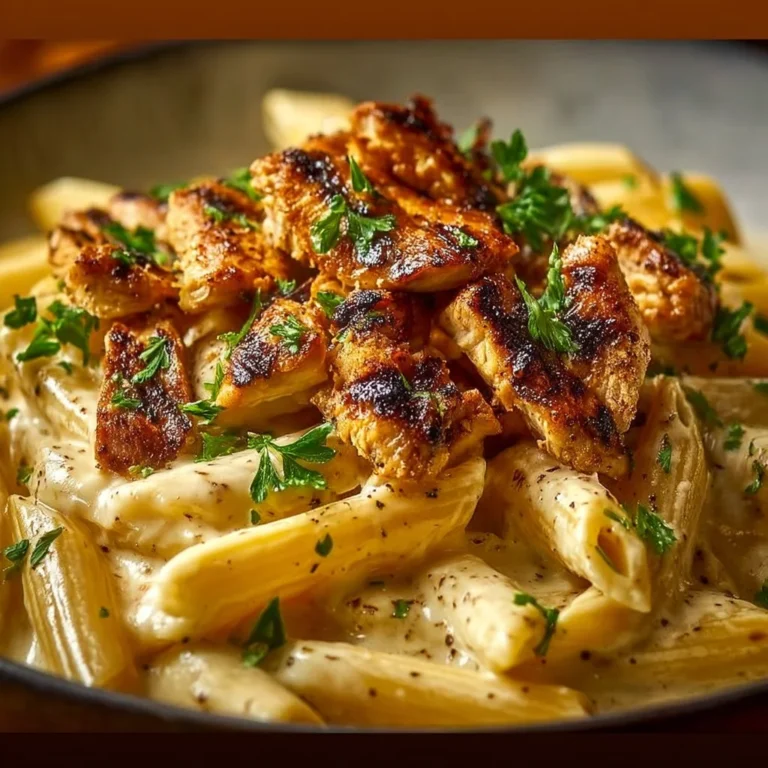 Indulgent Garlic Butter Chicken Penne topped with creamy three-cheese sauce