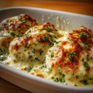 Cream Cheese Baked Chicken dish with four ingredients prepared in a baking dish.