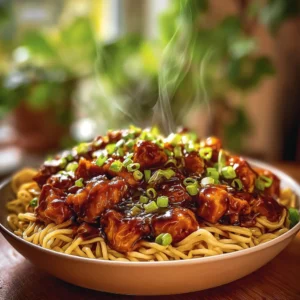 Delicious garlic chicken noodles served in a bowl, ready to enjoy.