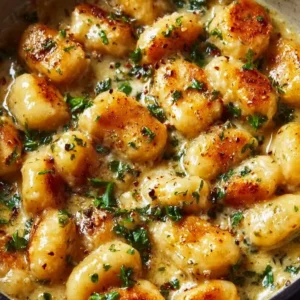 Creamy garlic chicken gnocchi dish garnished with herbs