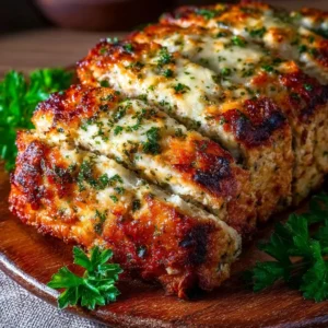 Delicious Italian-inspired chicken meatloaf served with herbs and sauce