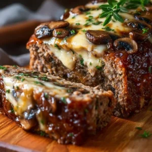 Juicy mushroom swiss meatloaf served with vegetables and gravy
