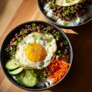 Korean Ground Beef Bowl with marinated beef and fresh vegetables