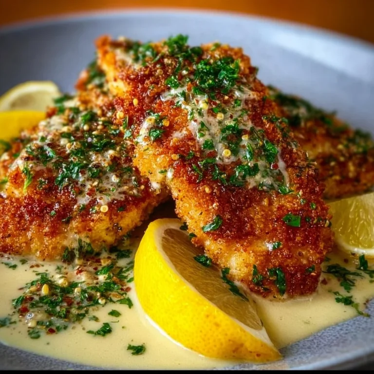Plate of Lemon Chicken Romano garnished with herbs and lemon slices
