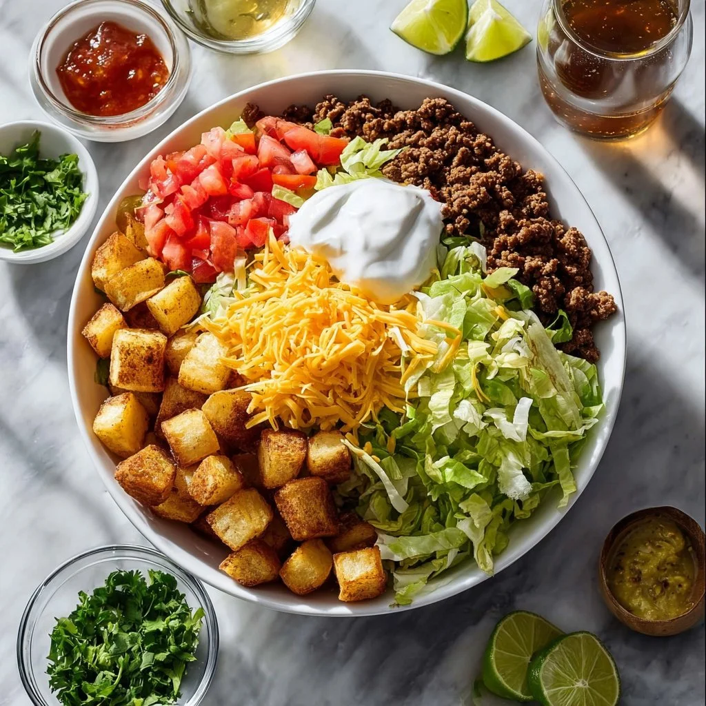 Delicious loaded potato taco bowl filled with toppings and garnishes.