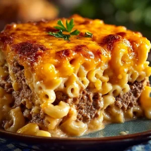Mac and Cheese Meatloaf Casserole baked to perfection with cheesy goodness