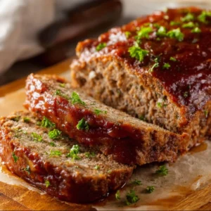 Homemade meatloaf served with mashed potatoes and green beans