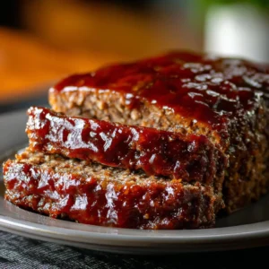 Delicious meatloaf with brown sugar glaze served on a dinner plate.