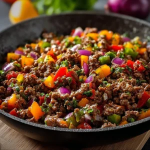 Mediterranean ground beef stir fry with vibrant vegetables in a skillet