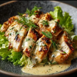 Delicious Melt-In-Your-Mouth Caesar Chicken served with fresh greens.