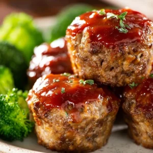 Plate of homemade mini meatloaf with vegetables and sauce garnish