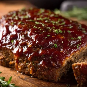 Deliciously moist meatloaf on a plate garnished with parsley