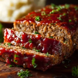 Moist meatloaf topped with sweet ketchup glaze on a dinner plate.