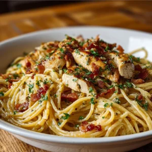 Plate of Monterey Chicken Spaghetti garnished with herbs and vegetables