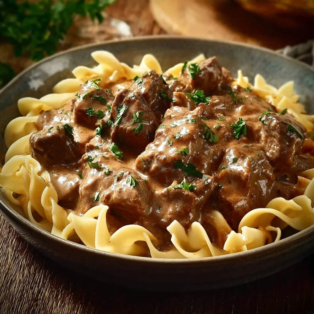 Delicious Old Fashioned Beef Stroganoff served over egg noodles with mushrooms.