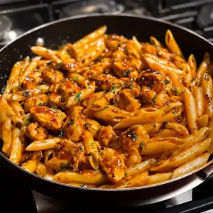 One-Pan Tangy Honey BBQ Chicken Penne served in a bowl, garnished with herbs.