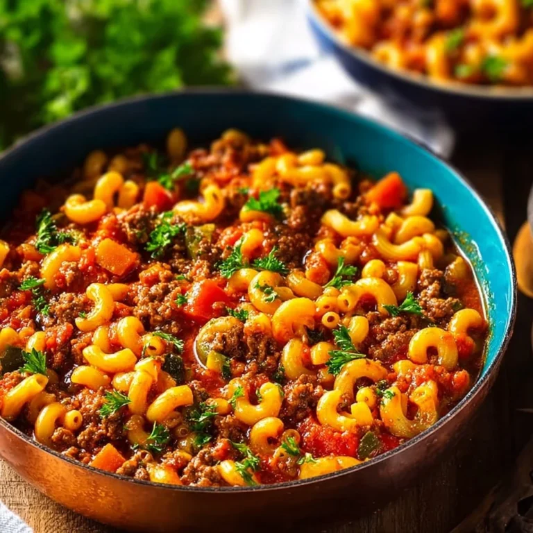 A serving of hearty one-pot ground beef goulash in a bowl.