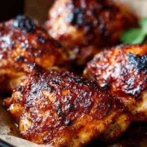 Oven baked BBQ chicken thighs served on a platter with sauce