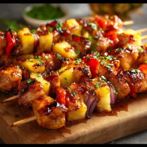 Grilled Pineapple Chicken Kabobs served on a platter with colorful veggies.