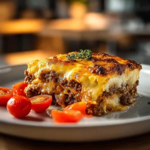 Delicious Pioneer Woman cheeseburger pie served in a slice on a plate