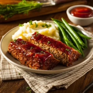 Delicious Pioneer Woman meatloaf with sauce served on a dining table