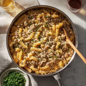 Quick Beef Stroganoff served in a bowl, garnished with parsley.