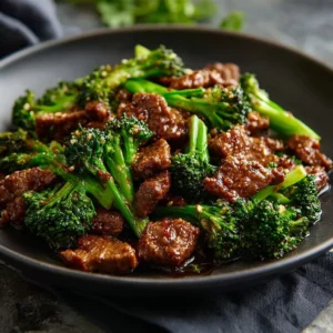 Honey garlic beef and broccoli skillet dish served in a rustic bowl
