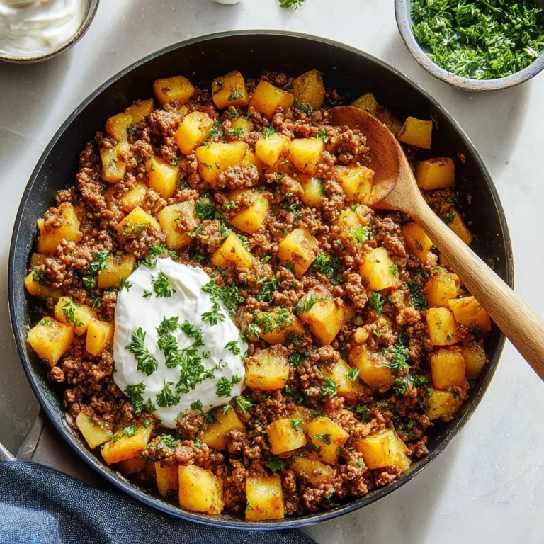 Quick ground beef and potatoes dish ready to serve.