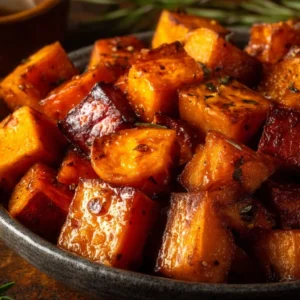 Dish of roasted sweet potatoes drizzled with maple glaze on a plate
