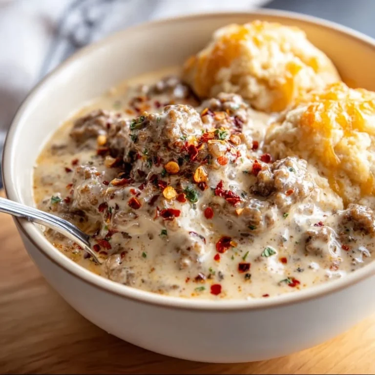 Homemade sausage gravy served over biscuits for a delicious breakfast